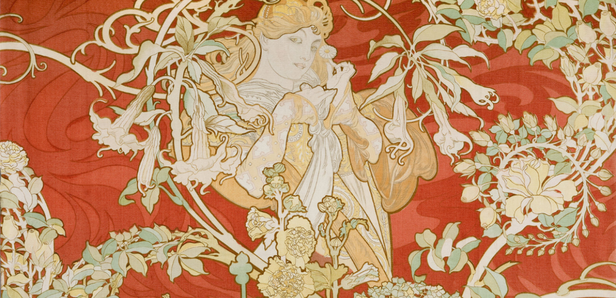 A textile showing a woman surrounded by flowers